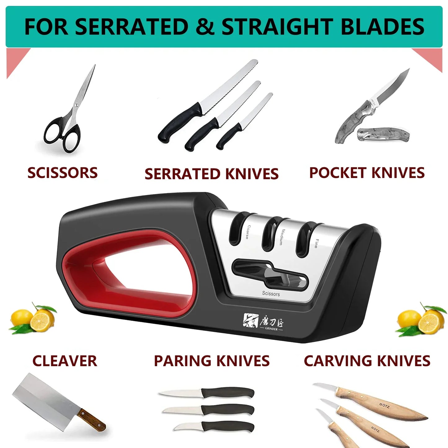 Four in one kitchen sharpener restores serrated blade knives and scissors, diamond tungsten steel