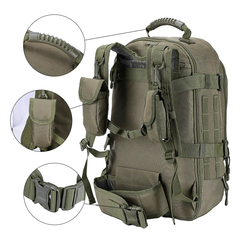 Tactical Backpack – 39–64L Expandable, MOLLE, Water-Resistant Nylon, 6 Colors