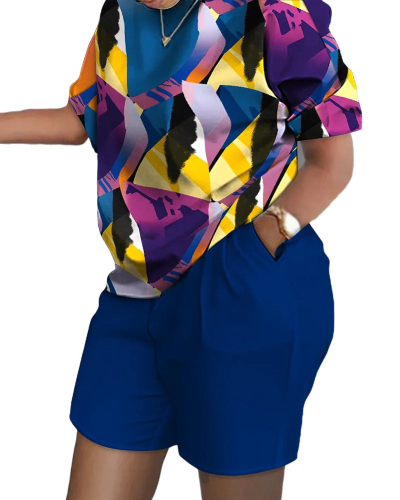 Casual Loose Short Sleeve Tshirt Shorts Set Office Lady Summer Fashion O-neck Colorful Print Two Piece Set Women Outfit 2023