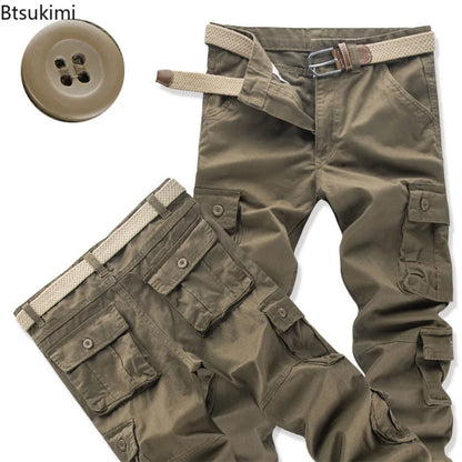 Men's Cotton Cargo Pants – Loose Fit, Multi-Pocket, Camo & Black, Waist 31-36