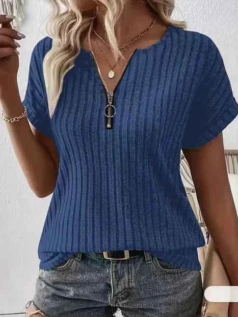 Women's Zipper Stripe Short Sleeve  T-Shirt 2025 Fashion Casual Top for Ladies