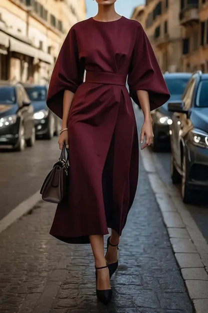 Spring Fashion Solid Color Dress Women Sexy Round Neck Bat Sleeve High Waist Dress Elegant Commuting Dresses for Women Summer