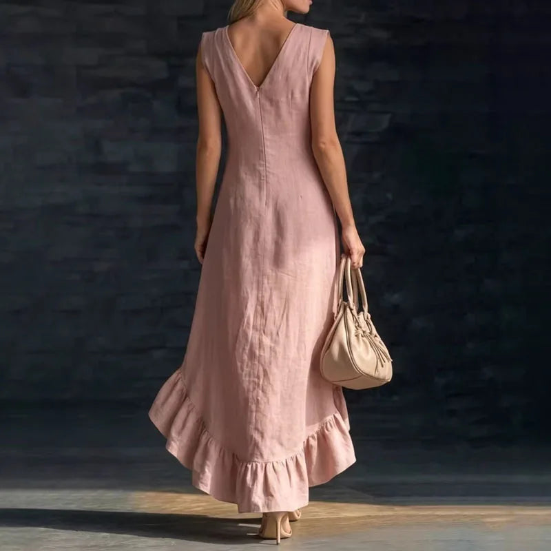Summer Hot Casual Sleeveless Ruffle Bohemian Dress Women Sexy V Neck Solid Irregular Long Dress Spring Elegant Loose Party Dress