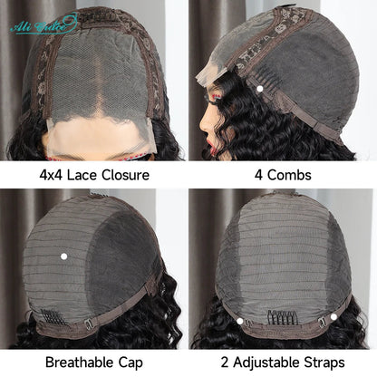 Ali Grace 4x4 Closure Wig Deep Wave Human Hair Wigs for Women Transparent Lace Closure Wig Bob Short Deep Wave Closure Bob Wig