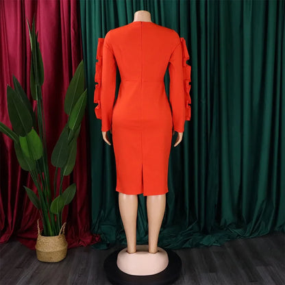 Elegant Office Dresses for Woman 2024 New O Neck Petal Sleeve Sheath Package Hips Mid Calf Formal Business Work Wear Dress Midi