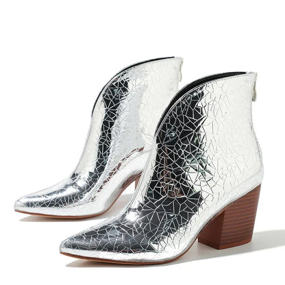 Gold Silver Ankle Boots Women Zipper Pointed Toe Square Chunky High Heel Snake Print Leather Design Boots for Women Botas Mujer