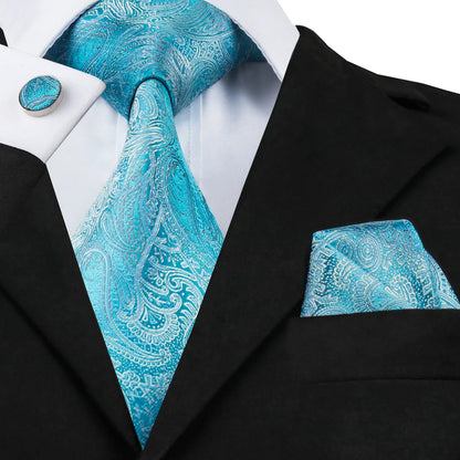 Hi-Tie Light Blue Solid Silk Wedding Nicktie For Men Hanky Cufflink Gift Men Tie Set Business Party Dropshipping Novelty Design