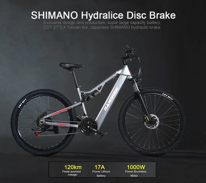 Electric Bicycle RANDRIDE YG90 1000W 48V17AH Hydraulic Brake E-bike with Full Suspension  21 Gears Shift Free Rack Electric bike