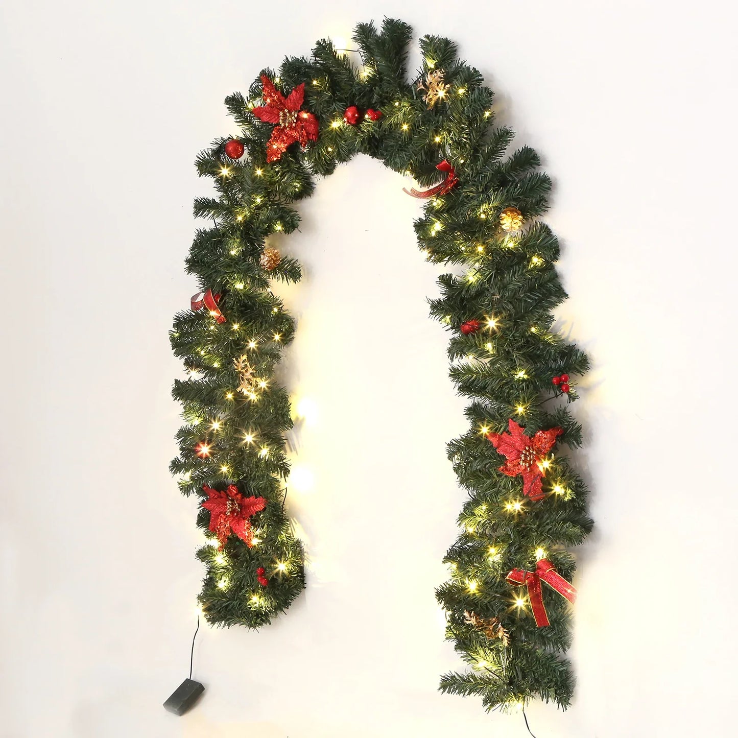 2.7m LED Xmas Fireplace Decor Pre Lit Christmas Garland Door Wreath Pendant (E)