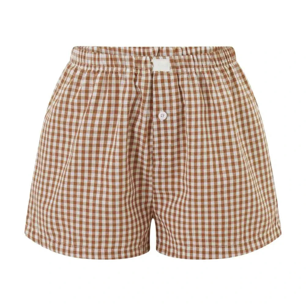 Women’s Y2K Retro Cleanfit Plaid Print Elastic Low Waist Button Front Aesthetic Loungewear Loose Shorts Boxers Streetwear