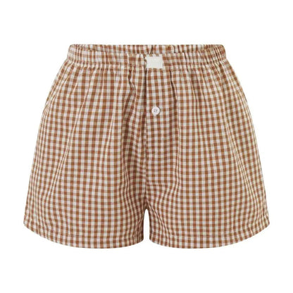 Women’s Y2K Retro Cleanfit Plaid Print Elastic Low Waist Button Front Aesthetic Loungewear Loose Shorts Boxers Streetwear