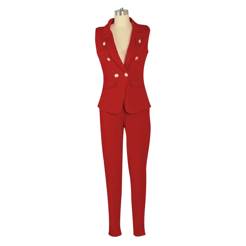 Business Work Wear Two Piece Pant Suits for Women Sets Elegant Sleeveless Blazer Top and Pencil Pants Office Lady Matching Sets