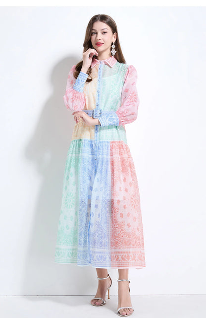 Spring Summer 2025 New Women Fashion Rainbow Print Elegant Shirt Long Dresses Vintage Single Breasted Party Dress Bohemian Trend