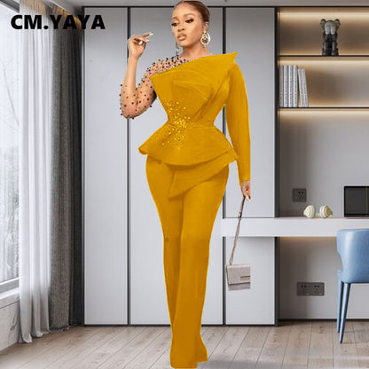 CM.YAYA Vintage Women  Beading Mesh Patchwork Ruffles Fan-shaped Blazer Tops and Pants Suit Two 2 Piece Set Outfits Tracksuit