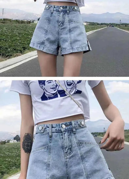 Women's Korean Y2K Black Denim Shorts Summer Thin High Waist A-Line Loose Wide Leg Slimming Hot Pants