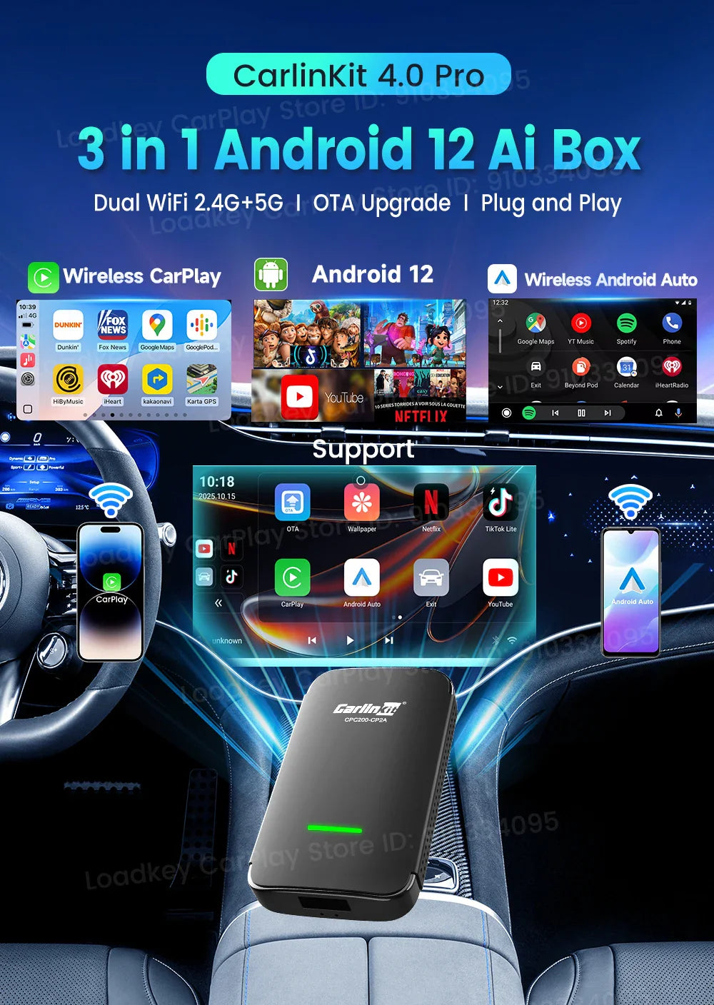 CarlinKit CP2A Pro Ai Box Wireless Adapter CarPlay Android Auto Wireless Smart CarPlay Box Support YouTube Netflix TikTok 5G USB