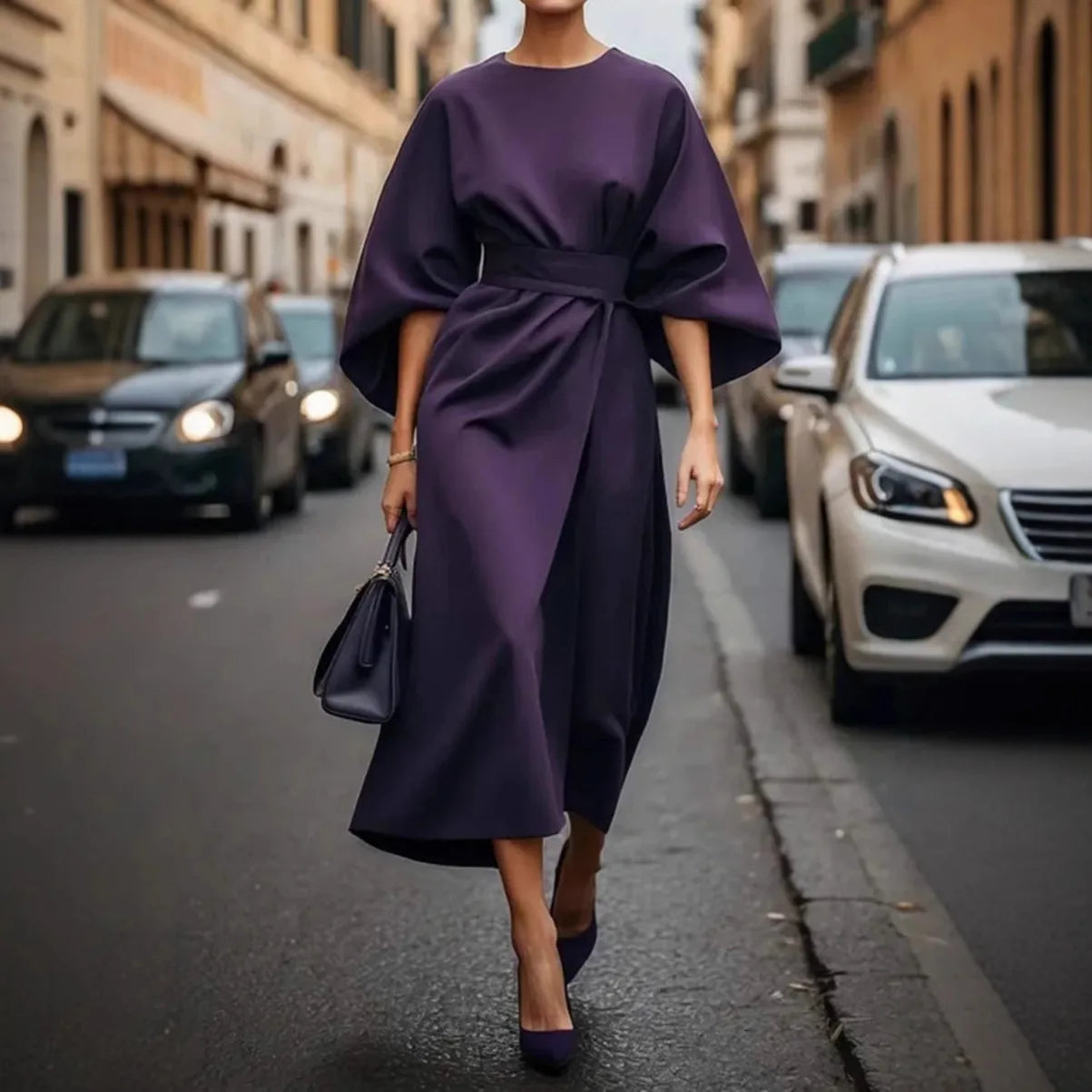 Spring Fashion Solid Color Dress Women Sexy Round Neck Bat Sleeve High Waist Dress Elegant Commuting Dresses for Women Summer