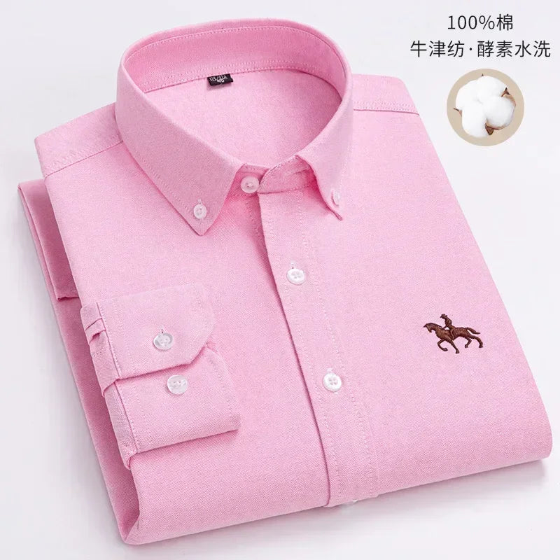 S~7XL 100% Pure Cotton Men's Long Sleeve Oxford Spinning Shirt Business Leisure Embroidery Pocket Slim Fit Button Style Soft Med