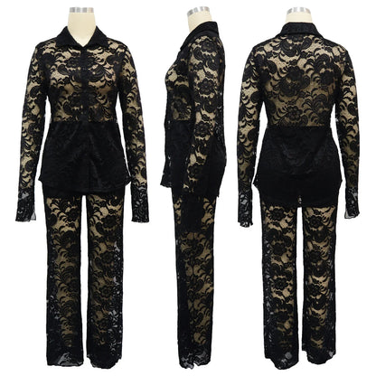 Perspective Lace Pants Set Summer 2024 New 2 Piece Set Chic Slim Elegant Office Women's Set Fashion Street Youth 2-piece Suit