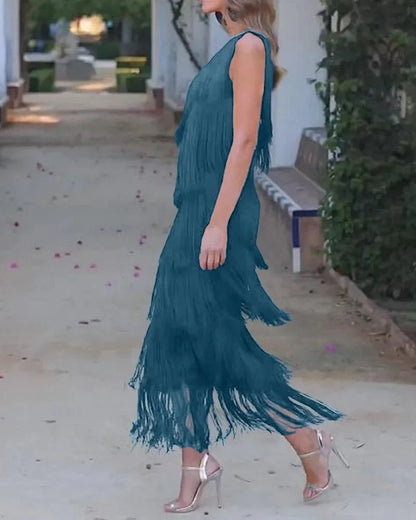 Spring and Summer New Fashion Fringed Slanted Shoulder Asymmetrical Dress for Women