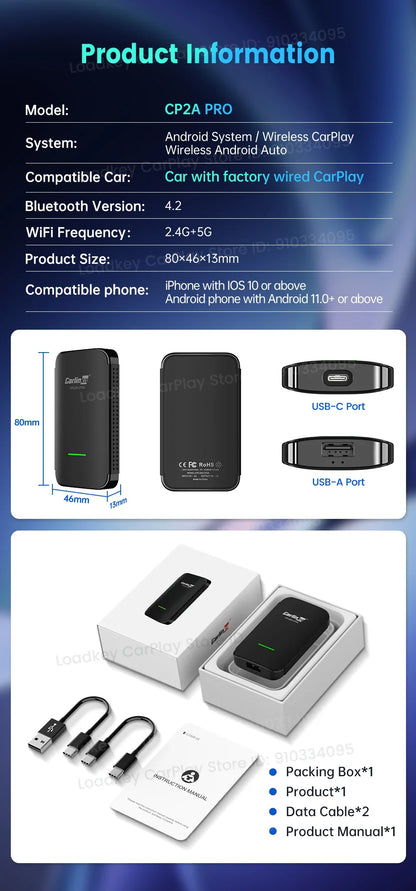 CarlinKit CP2A Pro Ai Box Wireless Adapter CarPlay Android Auto Wireless Smart CarPlay Box Support YouTube Netflix TikTok 5G USB