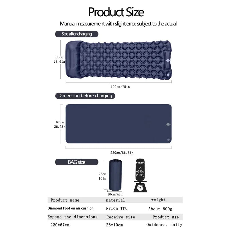 Ultralight Inflatable Camping Mattress with Pillows Built-in Pump Portable Air Sleeping Pad for Outdoor Hiking Travel Tent