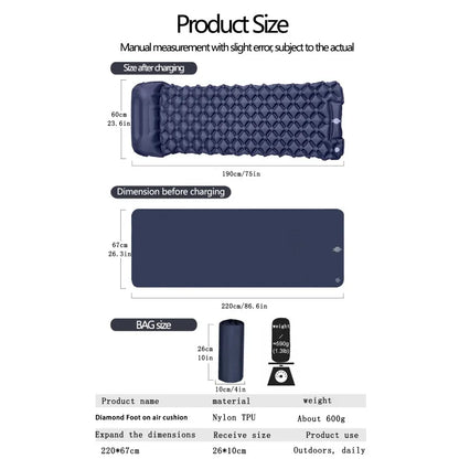 Ultralight Inflatable Camping Mattress with Pillows Built-in Pump Portable Air Sleeping Pad for Outdoor Hiking Travel Tent