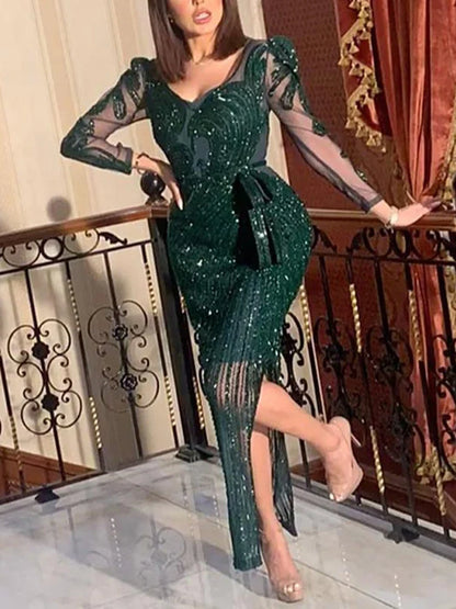 2022 New Fashion V-neck Sparkling Hot Printed Green Long Sleeve Evening Dress Evening Dress for Women  party wedding Vestidos
