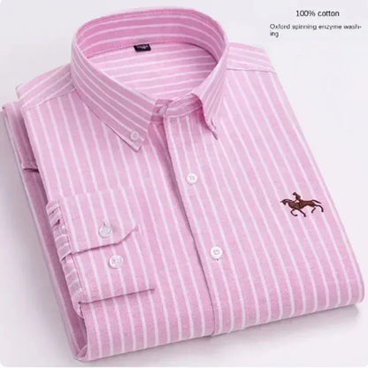 S~7XL 100% Pure Cotton Men's Long Sleeve Oxford Spinning Shirt Business Leisure Embroidery Pocket Slim Fit Button Style Soft Med