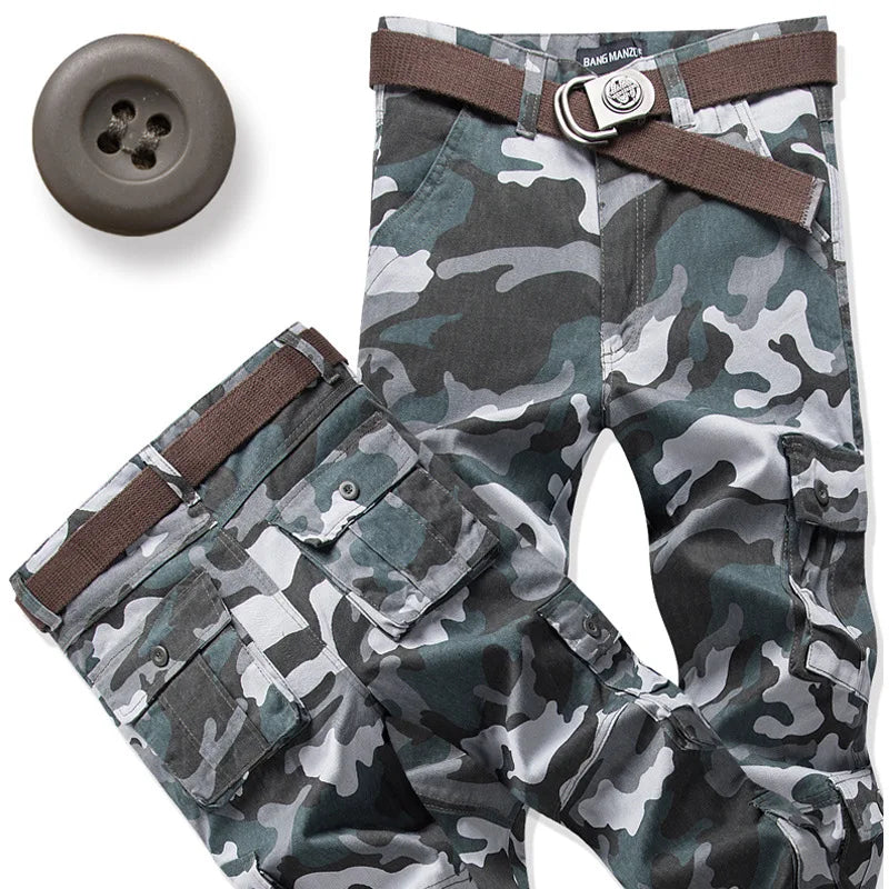 Men's Cotton Cargo Pants – Loose Fit, Multi-Pocket, Camo & Black, Waist 31-36