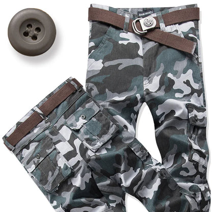 Men's Cotton Cargo Pants – Loose Fit, Multi-Pocket, Camo & Black, Waist 31-36