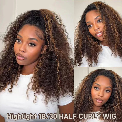 3 IN 1 Highlight 1B/30 Half Wigs Water Wave Invisible Hairline Glueless Human Hair Wigs Seamless Flip Over Wig Isee Hair