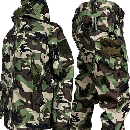Winter Thicken Men Camo Suit Waterproof Tactical Training Set Multi-pocket Hooded Jacket Fleece Pants Outdoor Hunting 2-piece