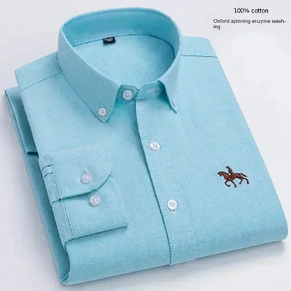 S~7XL 100% Pure Cotton Men's Long Sleeve Oxford Spinning Shirt Business Leisure Embroidery Pocket Slim Fit Button Style Soft Med