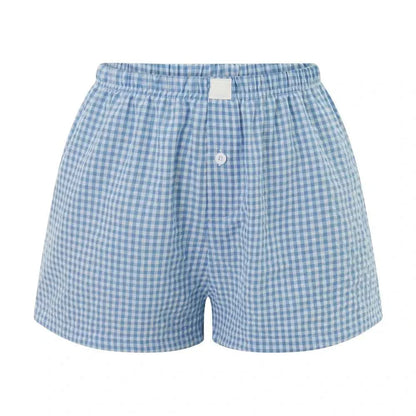 Women’s Y2K Retro Cleanfit Plaid Print Elastic Low Waist Button Front Aesthetic Loungewear Loose Shorts Boxers Streetwear