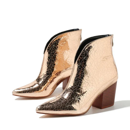 Gold Silver Ankle Boots Women Zipper Pointed Toe Square Chunky High Heel Snake Print Leather Design Boots for Women Botas Mujer