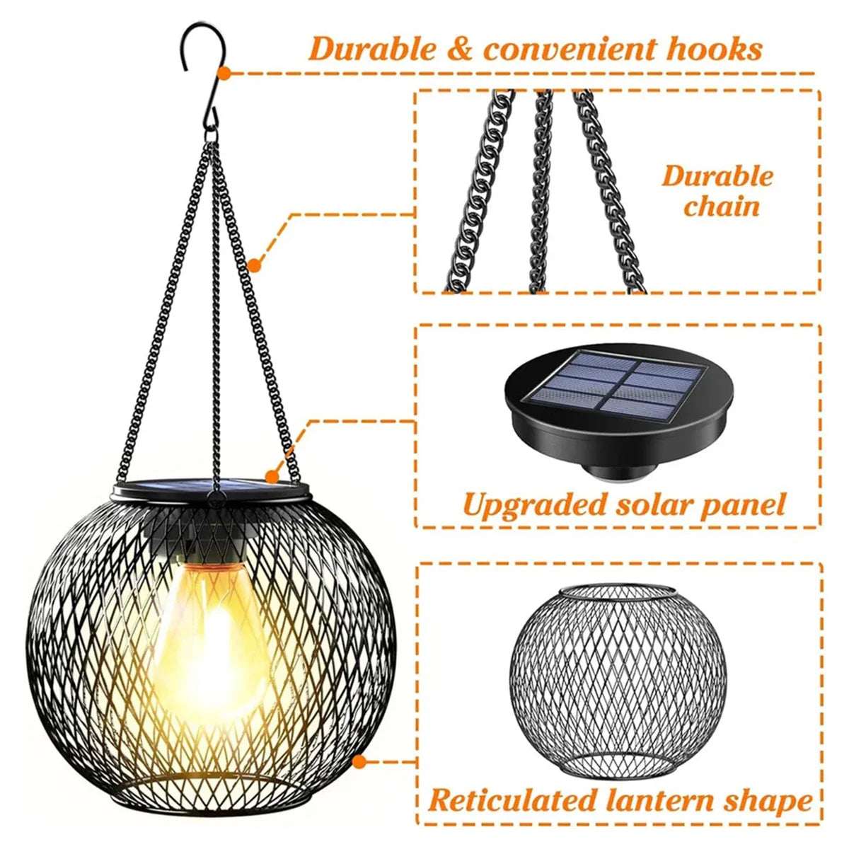 Solar LED Hanging Lantern – IP65 Waterproof, 800mAh, Auto Dusk-to-Dawn, Metal