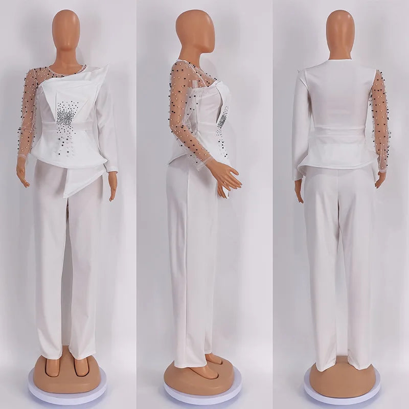 CM.YAYA Vintage Women  Beading Mesh Patchwork Ruffles Fan-shaped Blazer Tops and Pants Suit Two 2 Piece Set Outfits Tracksuit