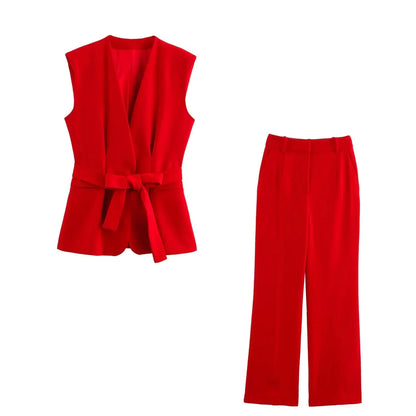 KONDALA Office Lady Chic Red Vest Blazer Suit V Neck Sashes Sleeveless Blazer High Waist Wide Leg Pants Fashion 2025 Summer Sets