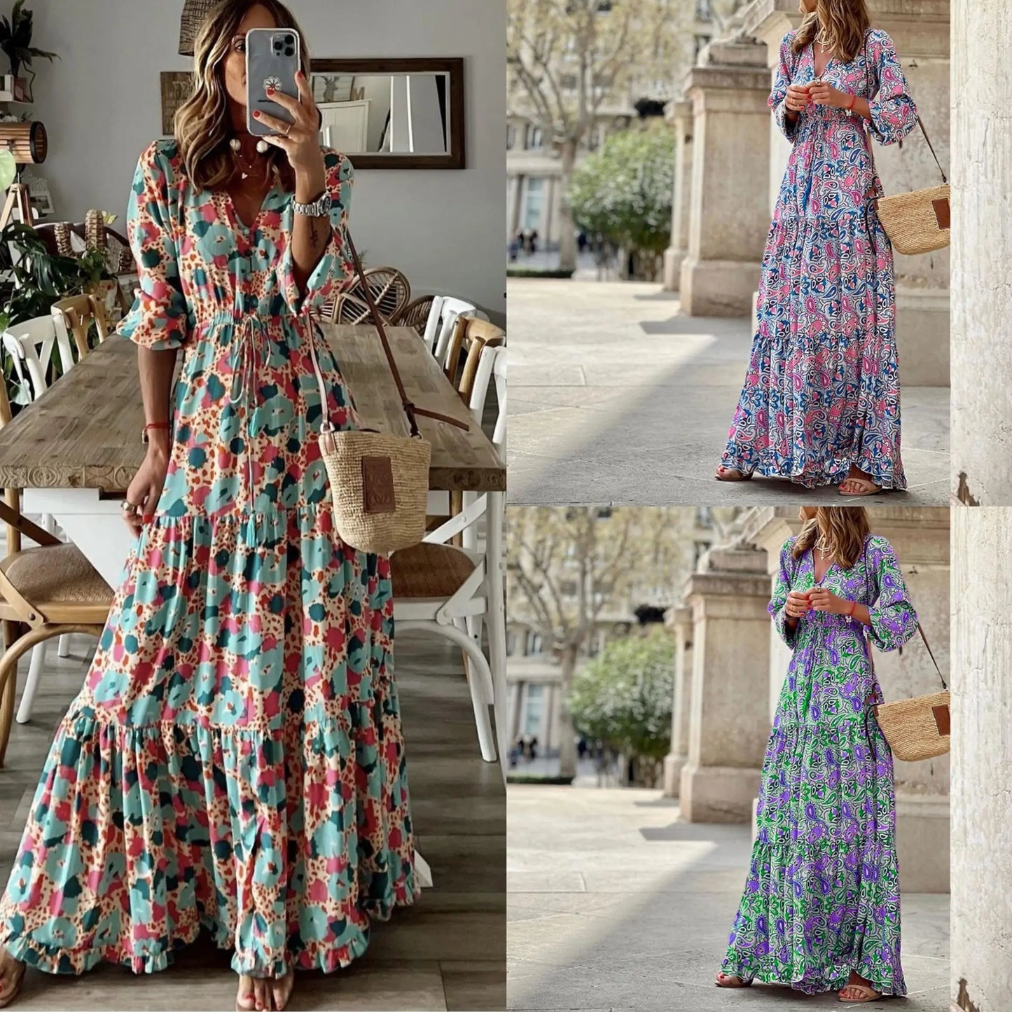 Elegant Women's Flower Long Dresses 2024 Spring New Bohemian Printed  Dress Abıye Kadın Abiye  Платье Robe Ete Femme Vestidos
