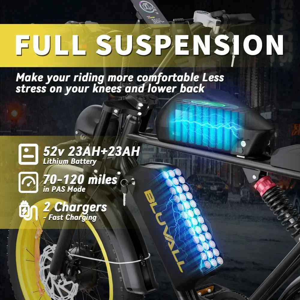 2000W Dual-Motor Electric Bike 52V 46AH Removable Battery Full Suspension Fat Tire Hydraulic Brake Adult Mountain Off-Road Ebike