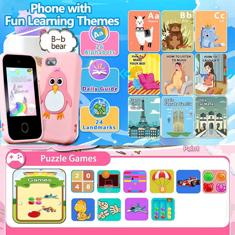 32GB Kids Smart Phone 2.8'' IPS Mini Toy Phone Music Player  28 Games Alarm Clock Flashlight Dual Camera Educational Funny Toys