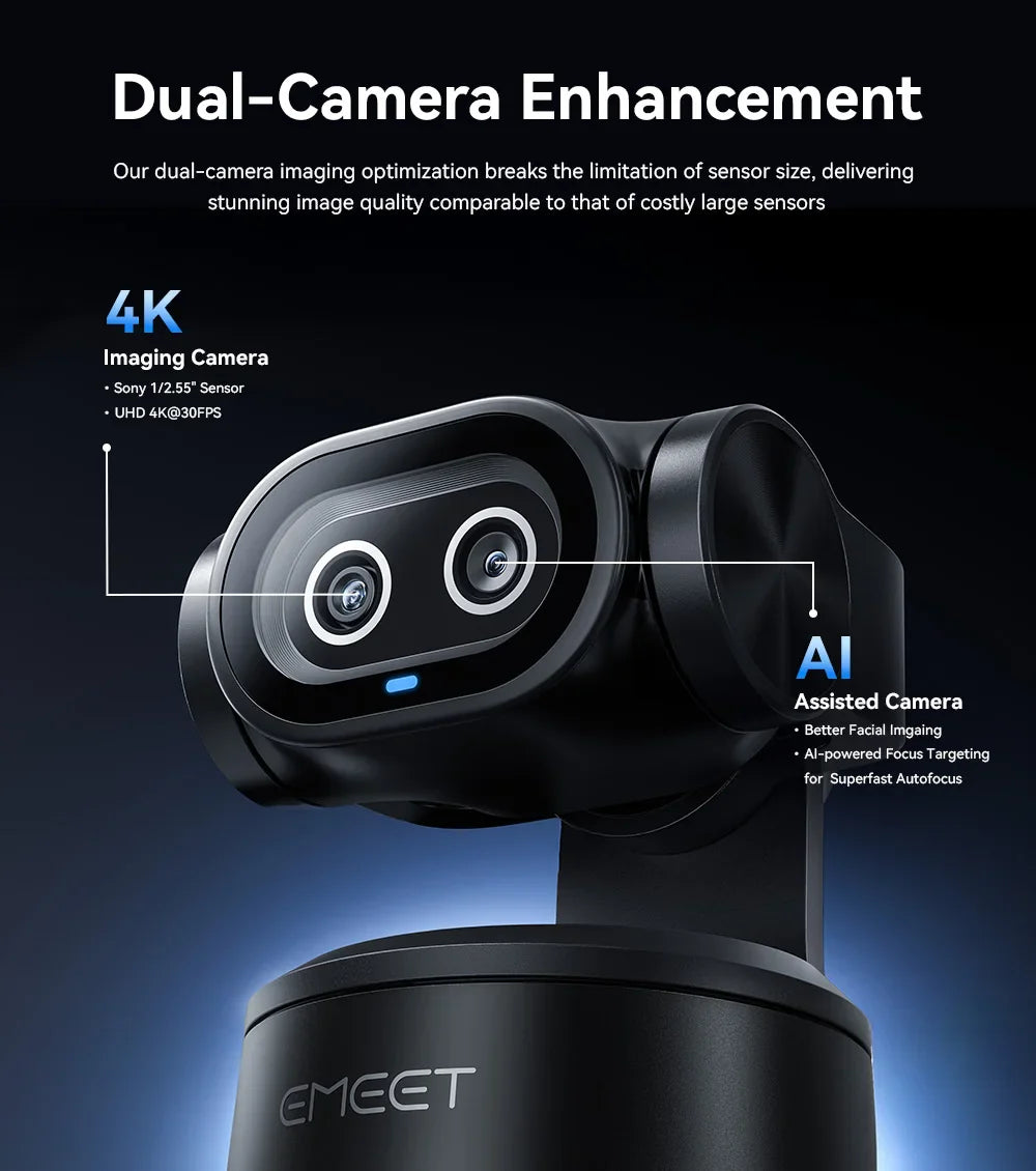 4K Webcam PTZ Web Camera EMEET PIXY Dual-Camera AI Tracking Video Camera for Streaming With SonySensor Gesture Control Autofocus