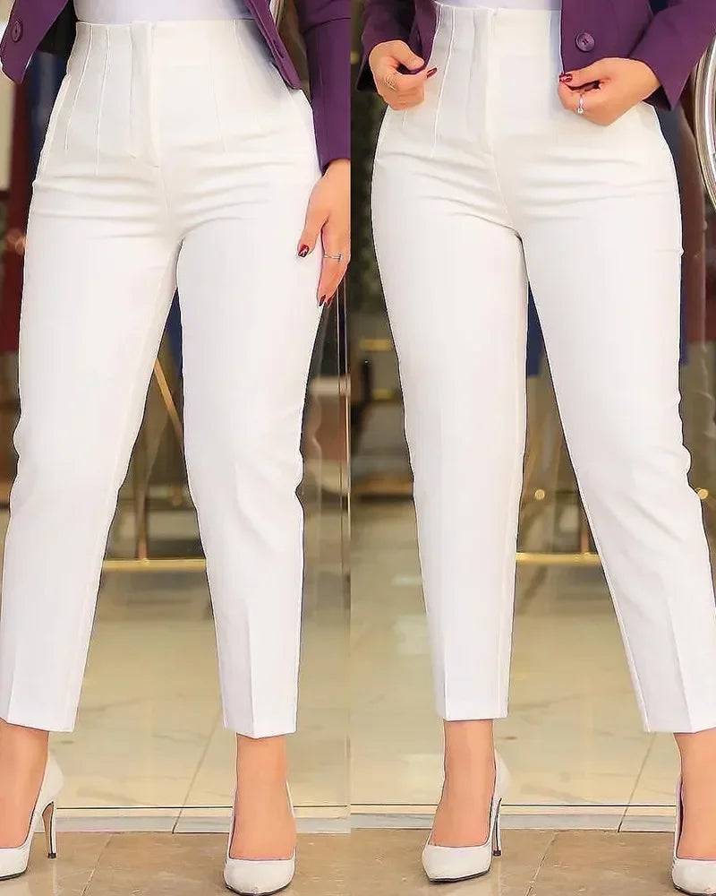 Elegant Pleated Waist Work Pants For Women White All-Match Daily OL Laides Fashion Office Formal Wear High Waisted Trousers