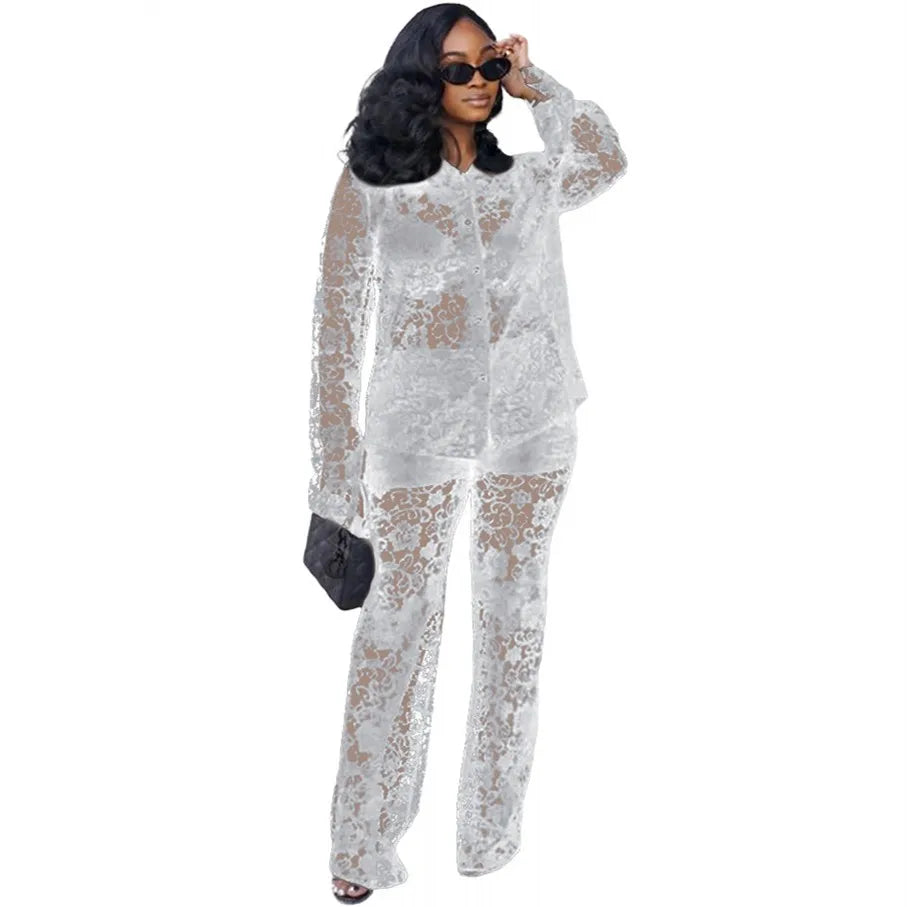 Perspective Lace Pants Set Summer 2024 New 2 Piece Set Chic Slim Elegant Office Women's Set Fashion Street Youth 2-piece Suit