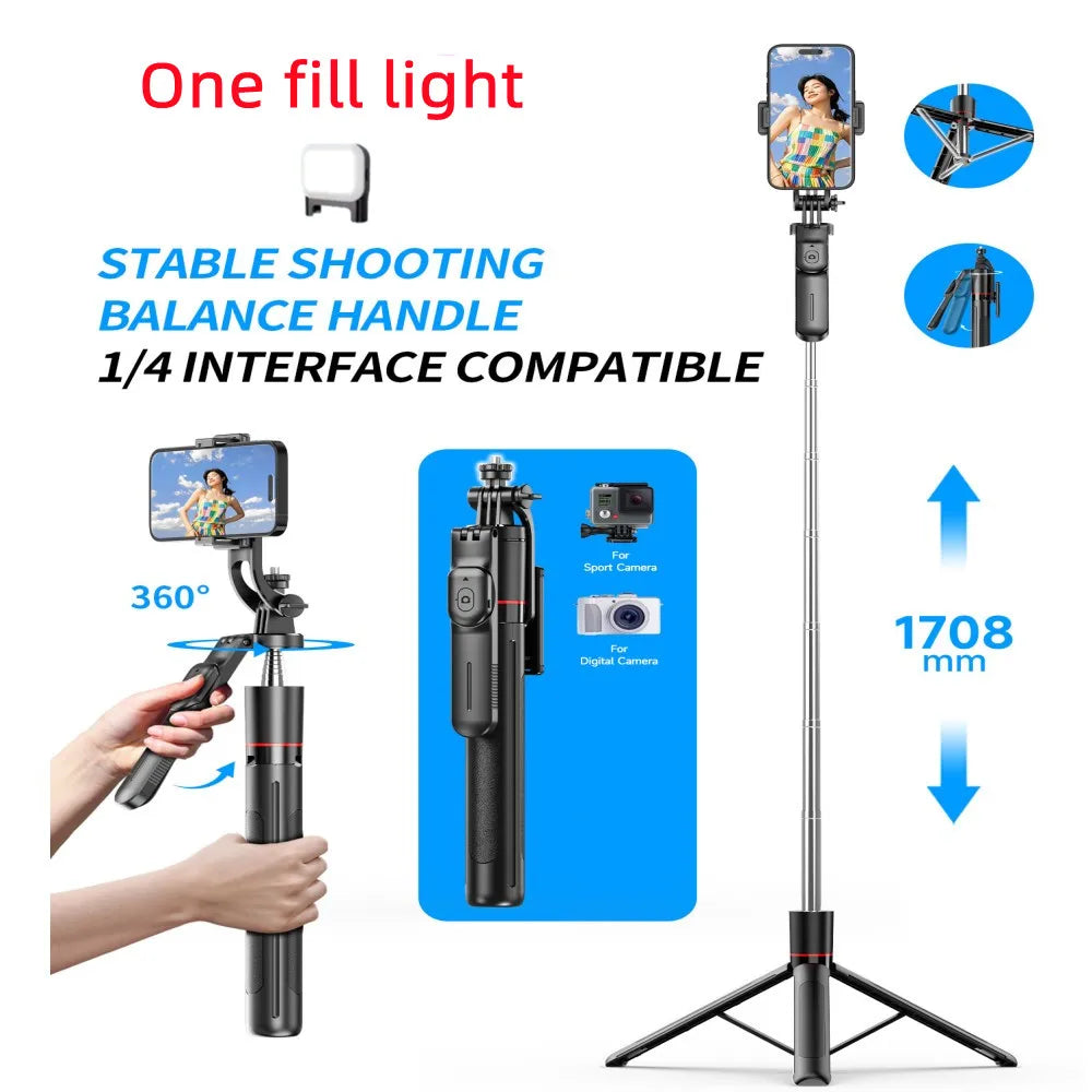 BSLIUFANG 2025 new 1.7M 360° rotation selfie stick tripod foldable stand with Wireless Bluetooth remote control for phone camera