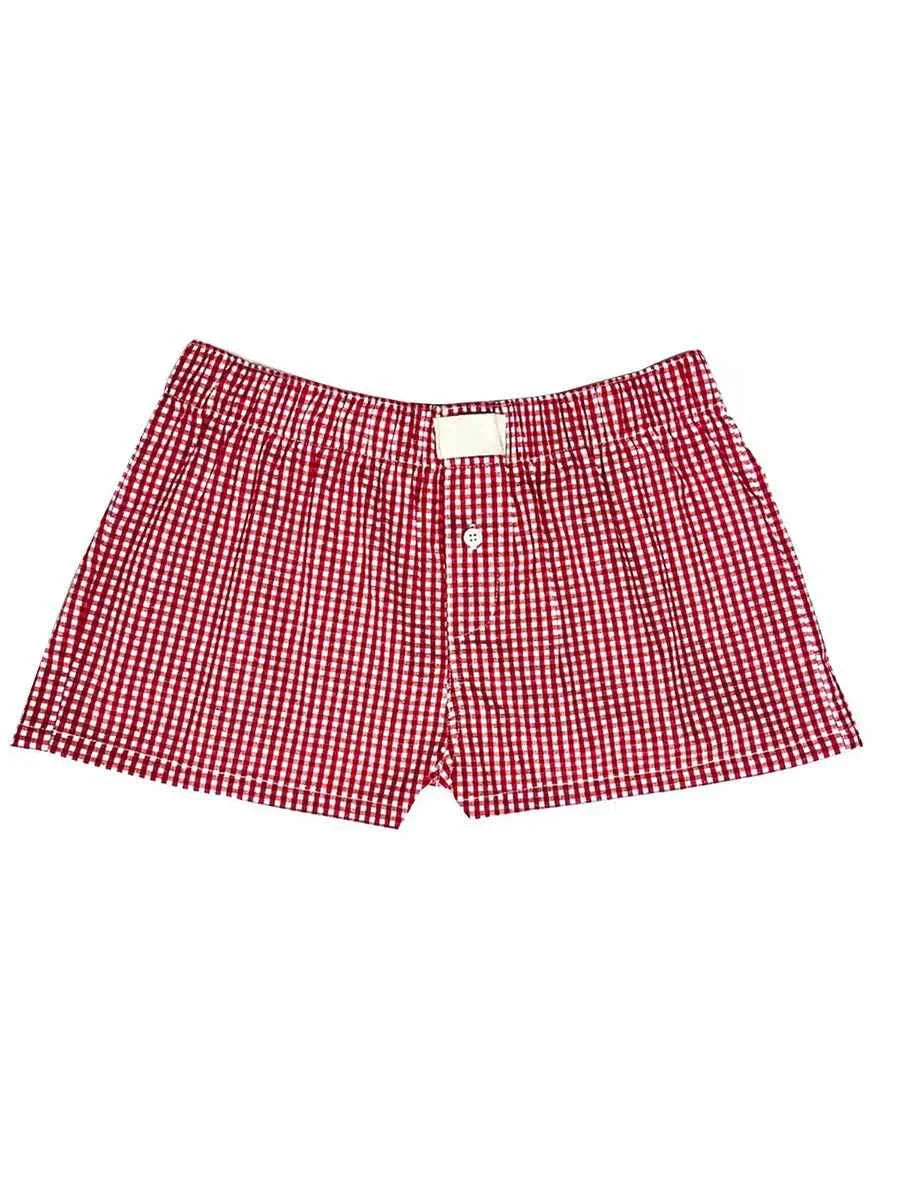 Women’s Y2K Retro Cleanfit Plaid Print Elastic Low Waist Button Front Aesthetic Loungewear Loose Shorts Boxers Streetwear