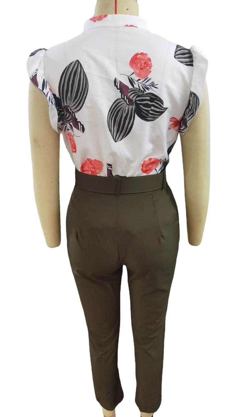 Elegant Women Two Piece Set Suits New Fashion Printed Ruffle Sleeve Top Solid Color Pants Set With Belt  Blouses Female Clothing