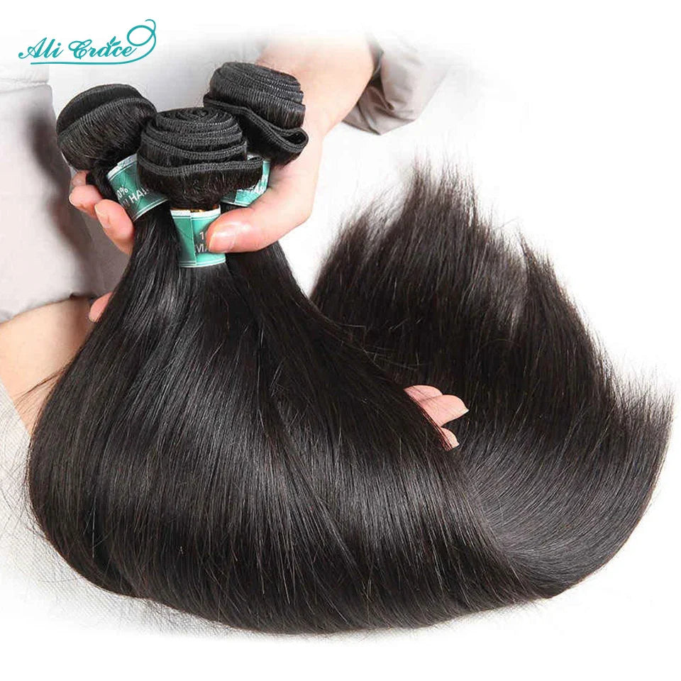 ALI GRACE Indian Straight Hair 3 Pcs Human Hair Bundles Remy Hair Extention 10-28 Inches Natural Color Straight Hair 3 Bundles