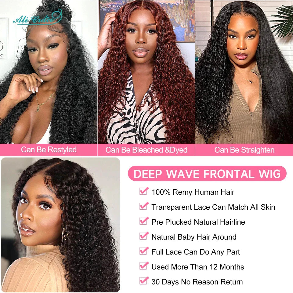 Ali Grace Hair Malaysian Deep Wave Hair Wigs Pre-Plucked 13X4 Lace Front Human Hair Wigs Natural Hairline With Baby Hair